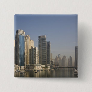 UAE, Dubai. Marina towers with boats at anchor. 15 Cm Square Badge