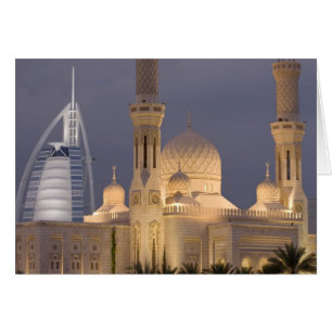 UAE, Dubai. Mosque in evening with Burj al Arab