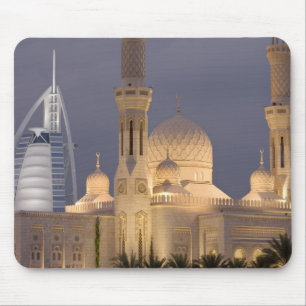 UAE, Dubai. Mosque in evening with Burj al Arab Mouse Mat