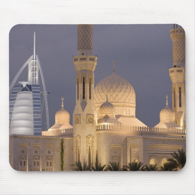 UAE, Dubai. Mosque in evening with Burj al Arab Mouse Mat (Front)