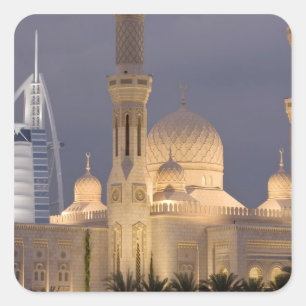 UAE, Dubai. Mosque in evening with Burj al Arab Square Sticker