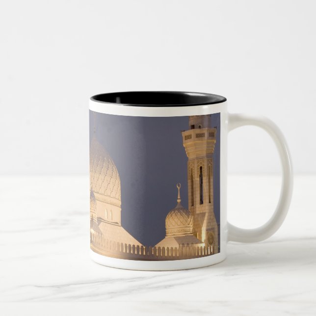 UAE, Dubai. Mosque in evening with Burj al Arab Two-Tone Coffee Mug (Right)