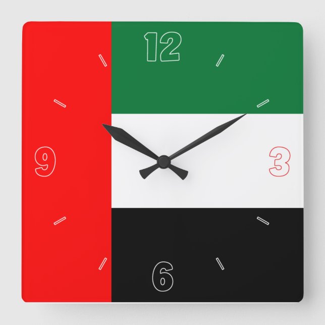 UAE Flag Red Black Green White Numbers Patriotic Square Wall Clock (Front)