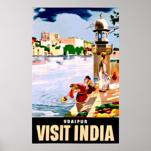 Udaipur, India. Women by the lake. Vintage travel Poster
