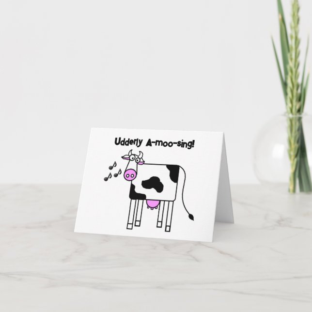 Udderly A-moo-sing Singing Cow Pun Cartoon Design Card (Front)
