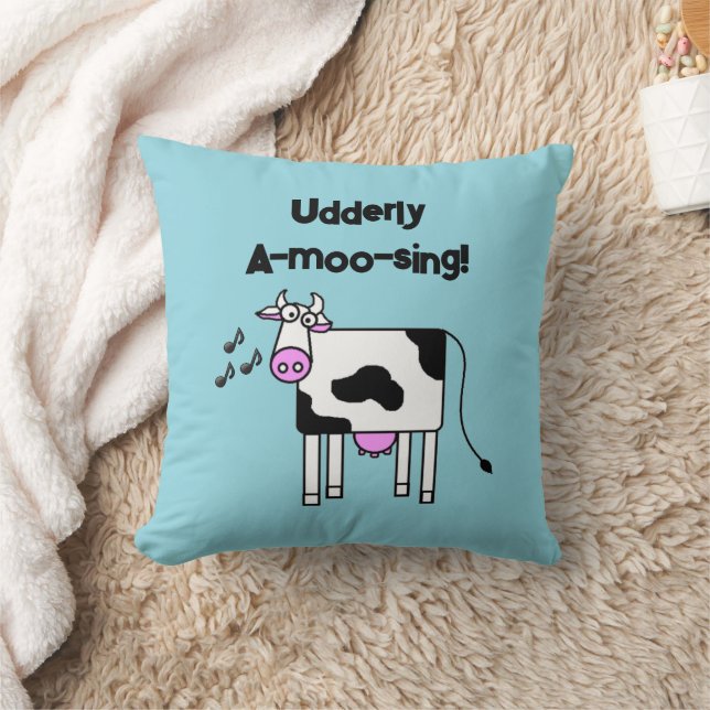 Udderly A-moo-sing Singing Cow Pun Cartoon Design Cushion (Blanket)