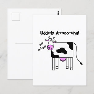 Udderly A-moo-sing Singing Cow Pun Cartoon Design Postcard