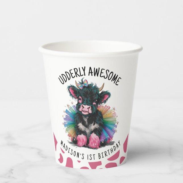 Udderly Awesome Tutu Highland Cow Print Paper Cups (Front)