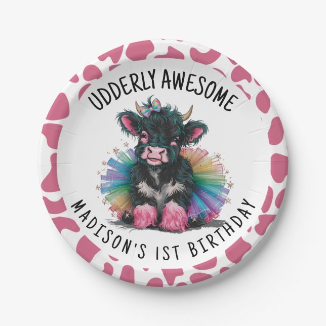 Udderly Awesome Tutu Highland Cow Print Paper Plate (Front)