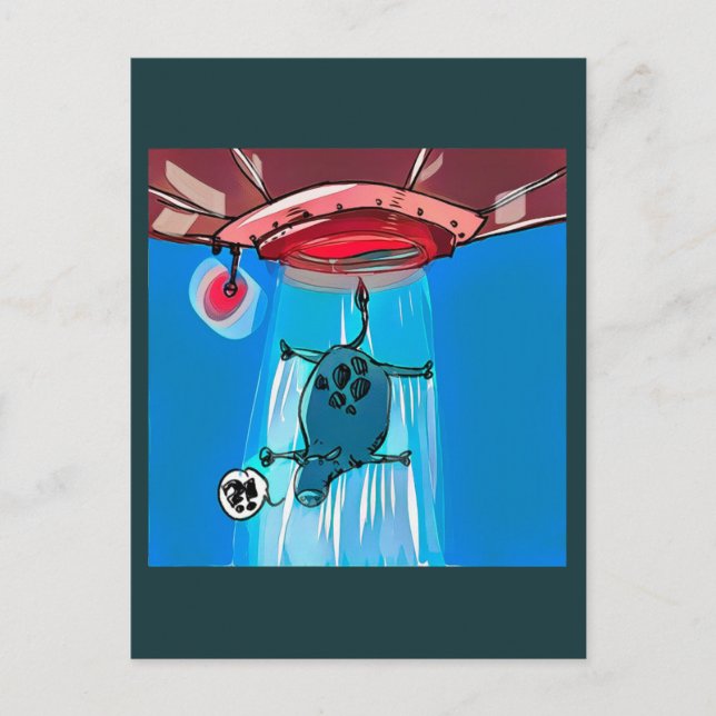 ufo abduction cow cartoon style funny illustration postcard (Front)