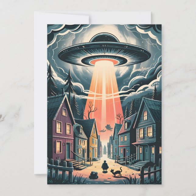 UFO Abduction Night Street Illustration Holiday Card (Front)