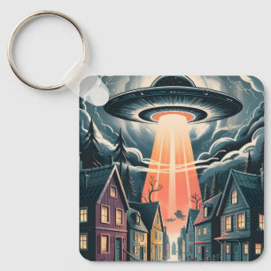 UFO Abduction Night Street Illustration Key Ring