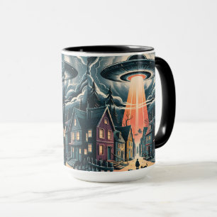 UFO Abduction Night Street Illustration Mug
