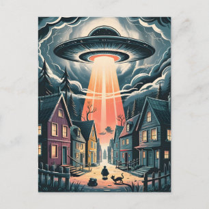 UFO Abduction Night Street Illustration Postcard