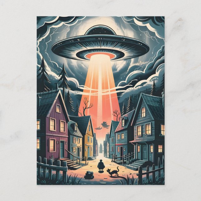 UFO Abduction Night Street Illustration Postcard (Front)
