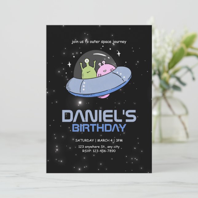 UFO Alien birthday party Outer Space birthday Invitation (Standing Front)