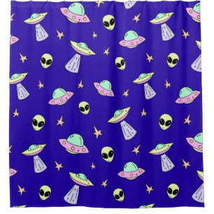 👽 UFO Alien Faces Starry Space Cosmic Blue Design Shower Curtain