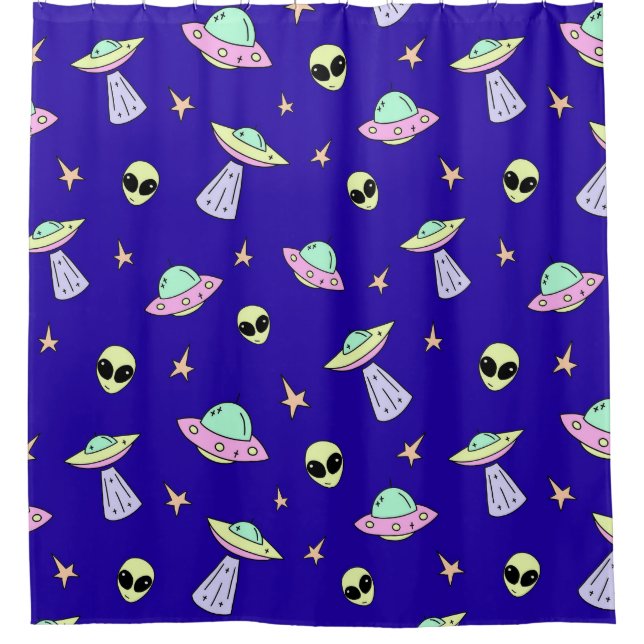 👽 UFO Alien Faces Starry Space Cosmic Blue Design Shower Curtain (Front)