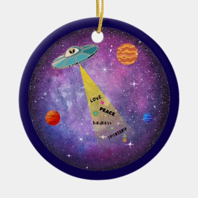 UFO Alien space spaceship star people Ceramic Tree Decoration (Front)