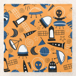 UFO alien, spaceships, kids pattern Glass Coaster