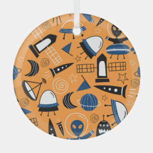 UFO alien, spaceships, kids pattern Glass Tree Decoration