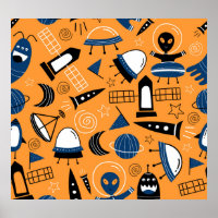 UFO alien, spaceships, kids pattern