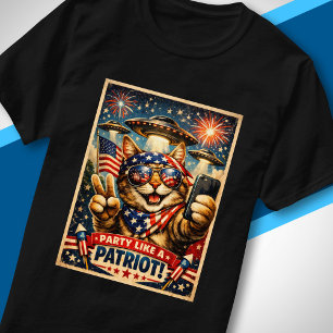 UFO American Flag Party Like a Patriot Funny Cat T-Shirt