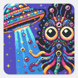 UFO and Alien Pixel Art Square Sticker