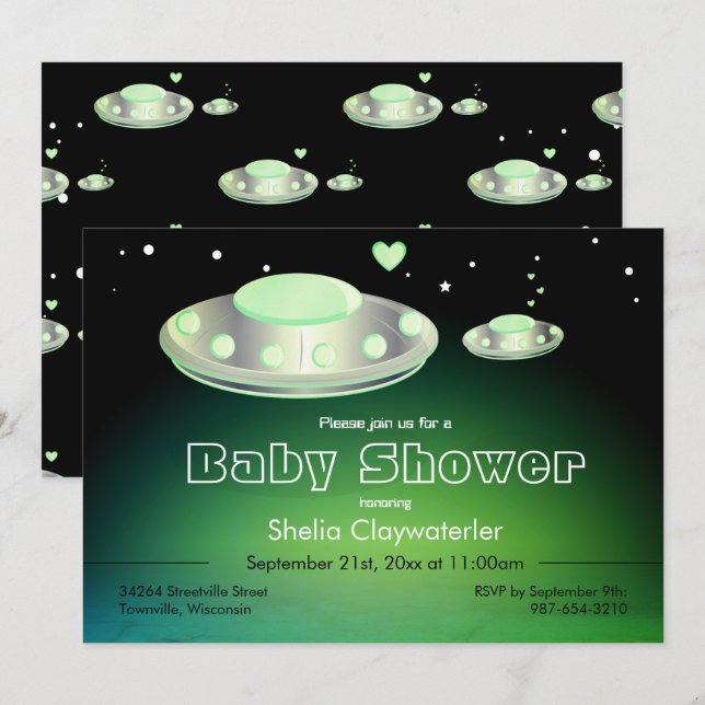 UFO and Baby UFO Green | Baby Shower Card (Front/Back)