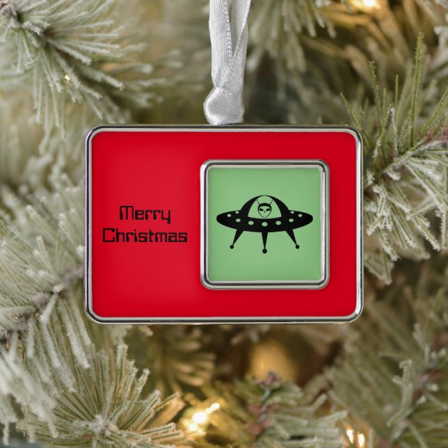 UFO and Space Alien Silver Plated Framed Ornament (Tree)