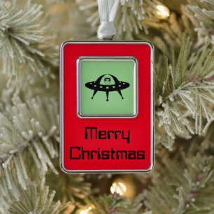 UFO and Space Alien Silver Plated Framed Ornament