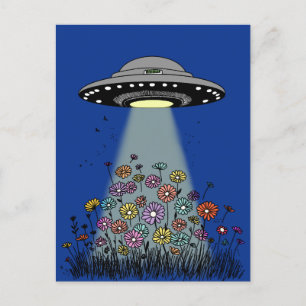 UFO Beaming Up Flowers Postcard