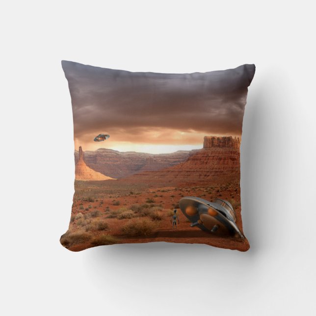 UFO Crash in the Desert with Alien Awaiting Rescue Cushion (Front)