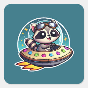 UFO Cute Racoon Square Sticker