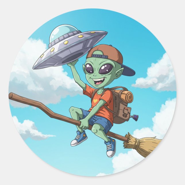 UFO Delivery Alien-Alien delivering UFO- Classic Round Sticker (Front)