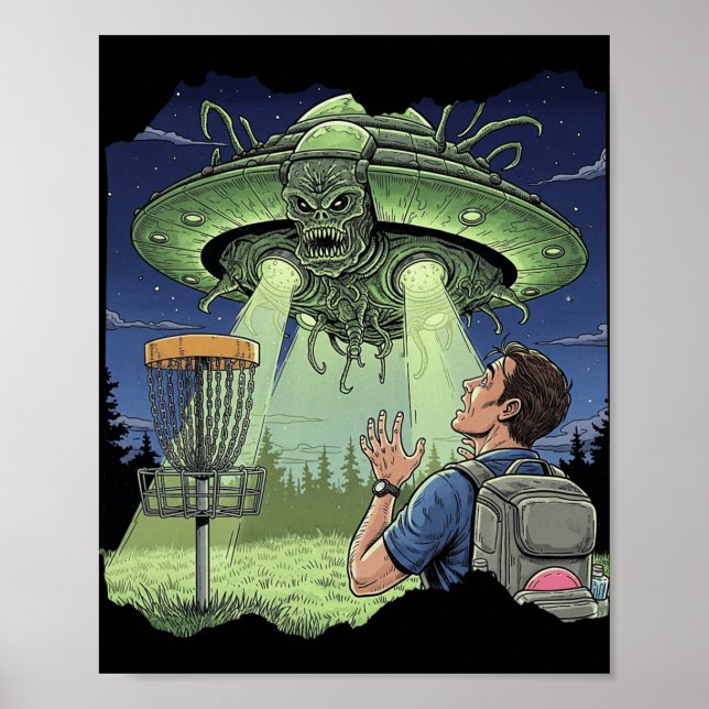 Ufo Disc Golf - Alien Spaceship Hovering Over Sket Poster (Front)