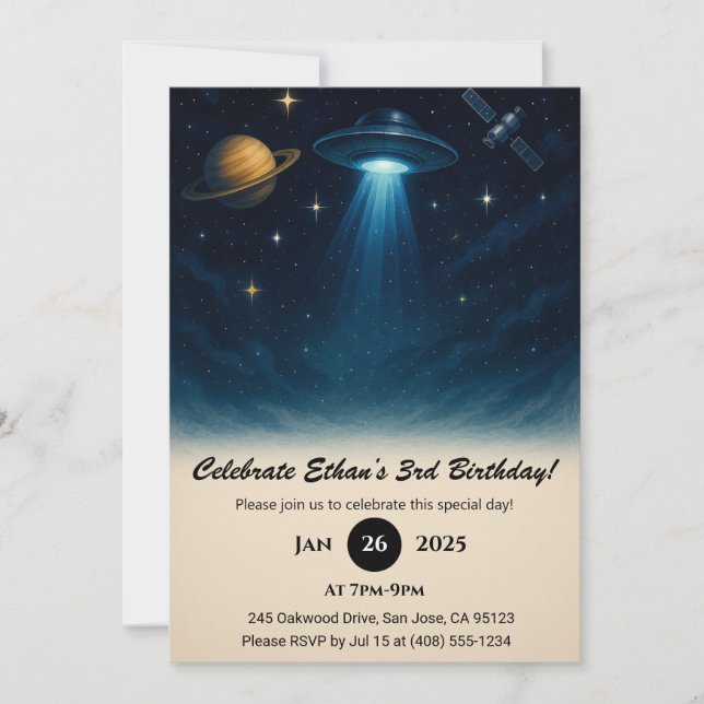 UFO Encounter in Starry Space Birthday  Invitation (Front)