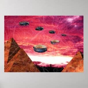 UFO fly above alien pyramids Poster