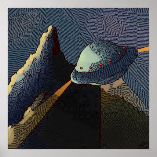 ufo flying mountains fantasy alien landscape poster
