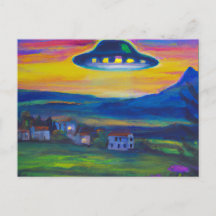 UFO Flying Saucer Village Painting Postcard