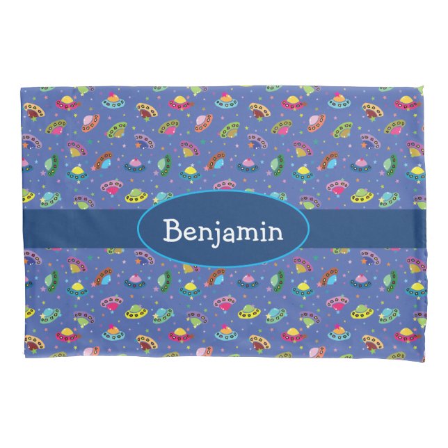 UFO Flying Whimsical Cartoon Spaceship Pattern Pillowcase (Front)