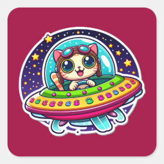 UFO Happy Cat Square Sticker