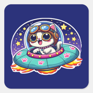 UFO Happy Kitty Square Sticker
