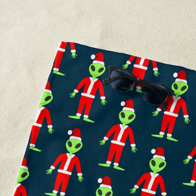 UFO Ho Ho Father Christmas alien Patterned Beach Towel (In Situ)