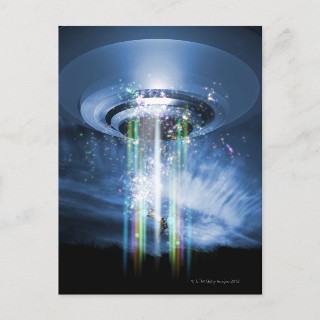 UFO hovering above Earth while abducting humans. Postcard (Front)