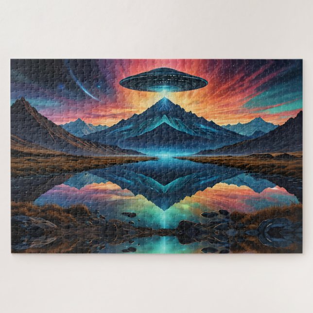 UFO hovers over Colourful Mountains and Lake Jigsaw Puzzle (Horizontal)