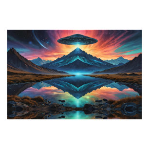 UFO hovers over Colourful Mountains and Lake Photo Print