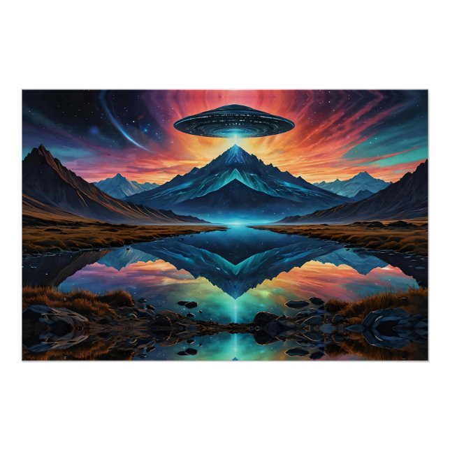 UFO hovers over Colourful Mountains and Lake Poster (Front)