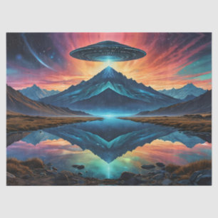 UFO hovers over Colourful Mountains and Lake Tissue Paper