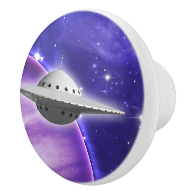 UFO in Purple Space Pink Planet Stars Galaxy Ceramic Knob (Right)